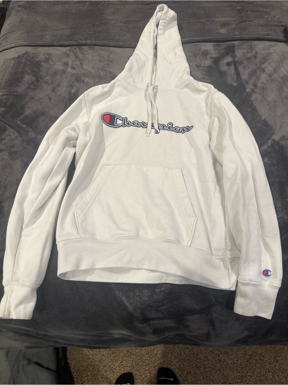 Champion White Hoodie with Navy and Red Logo
